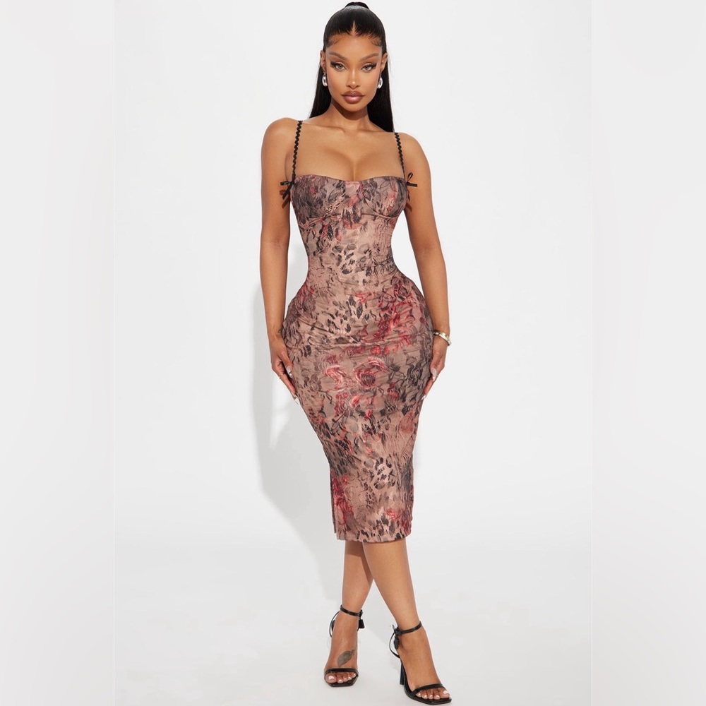 Fashion Nova Strapless Floral Dress - Black and Pink